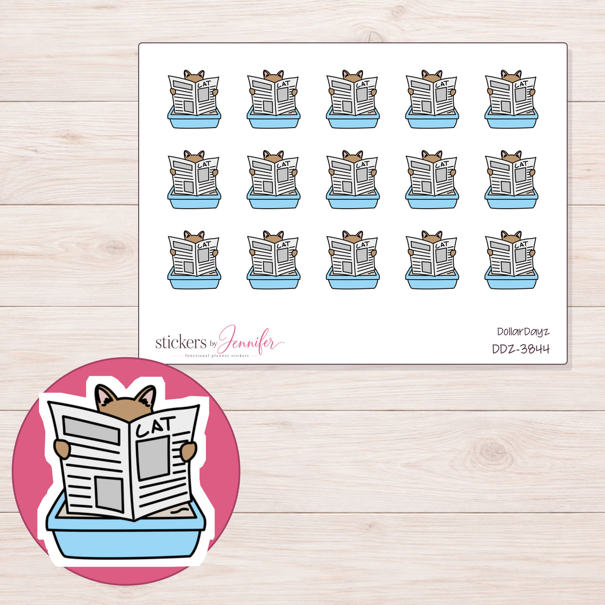 Cat in Blue Litter Tray Planner Stickers | DDZ-3844 — 4 × 3 inch sheet and enlarged sticker detail
