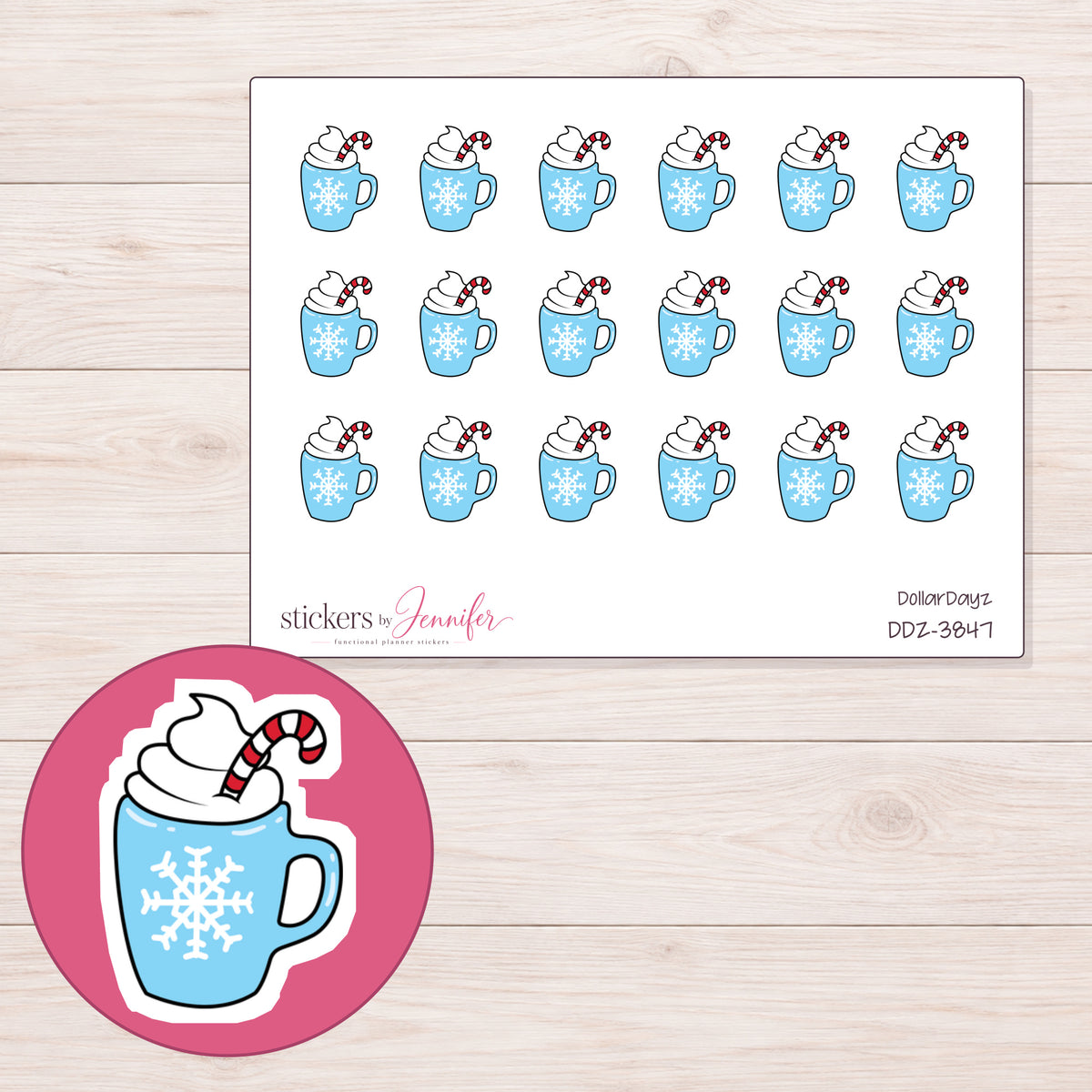 Blue Snowflake Cocoa Mug Planner Stickers | DDZ-3847 — 4 × 3 inch sheet and enlarged sticker detail