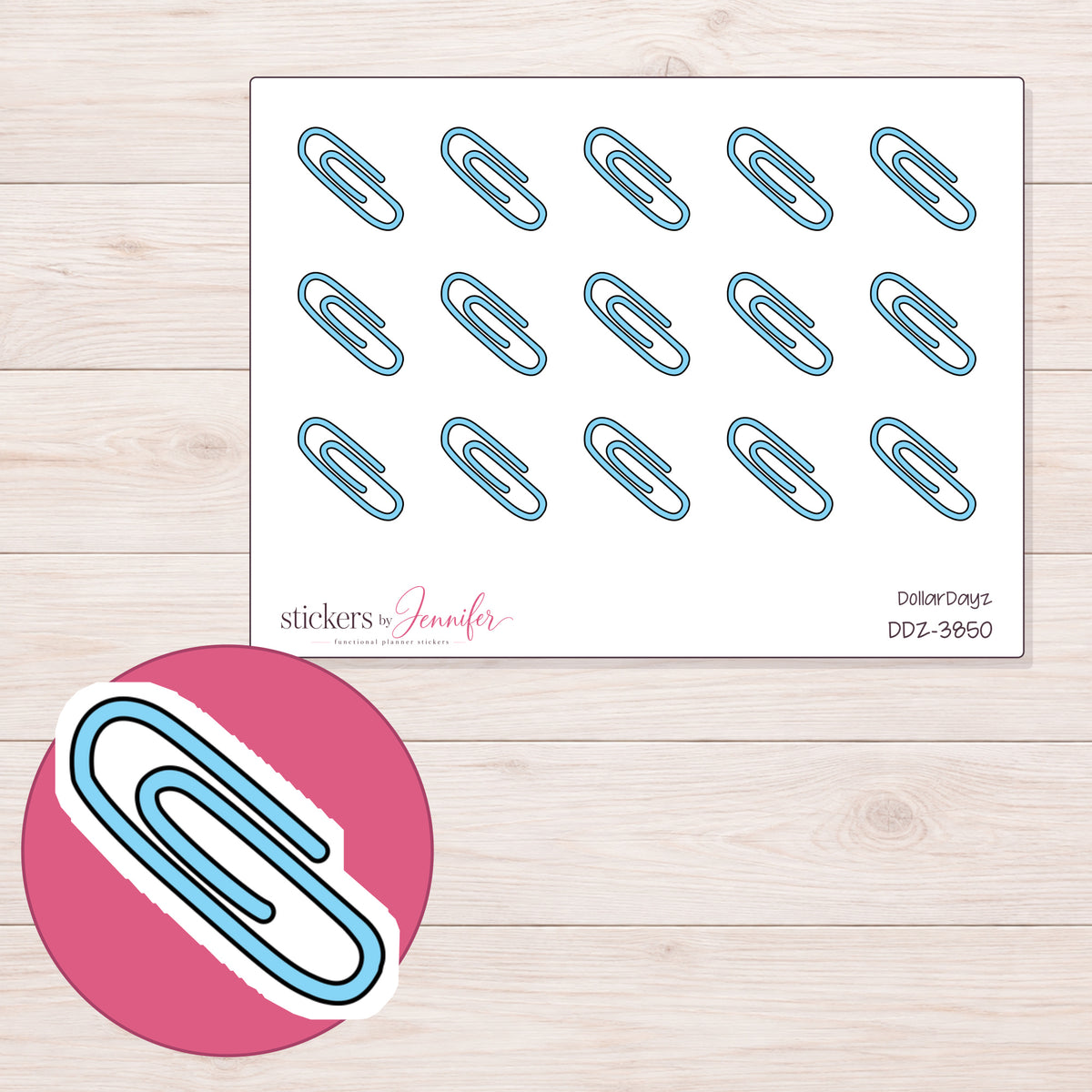 Blue Paper Clip Planner Stickers | DDZ-3850 — 4 × 3 inch sheet and enlarged sticker detail