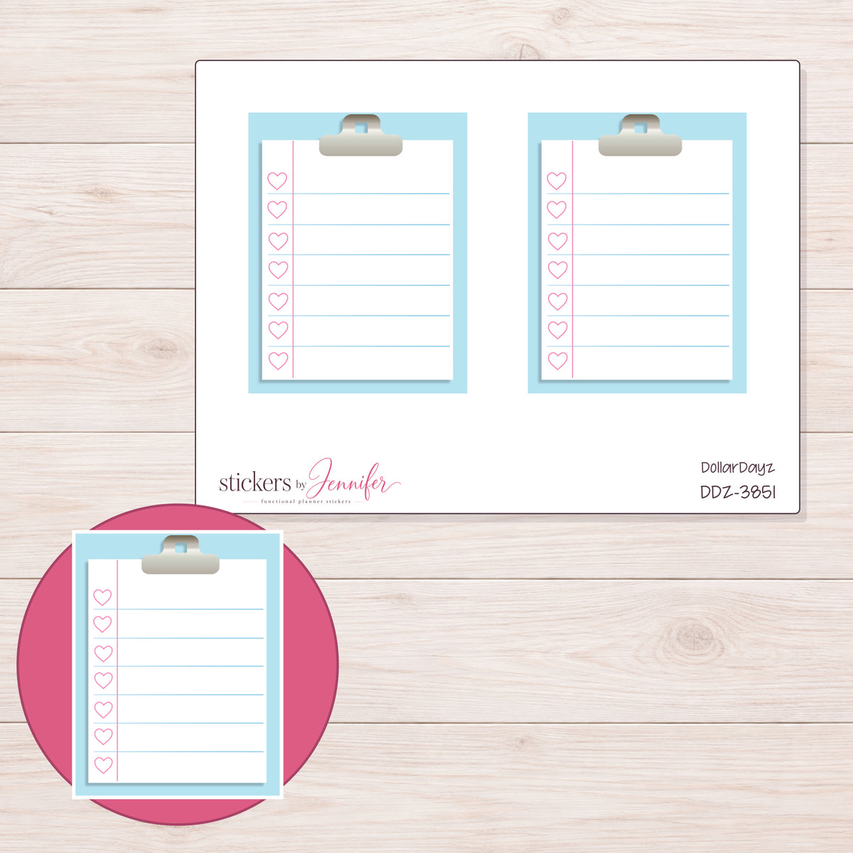 Blue Clipboard Checklist Planner Stickers | DDZ-3851 — 4 × 3 inch sheet and enlarged sticker detail