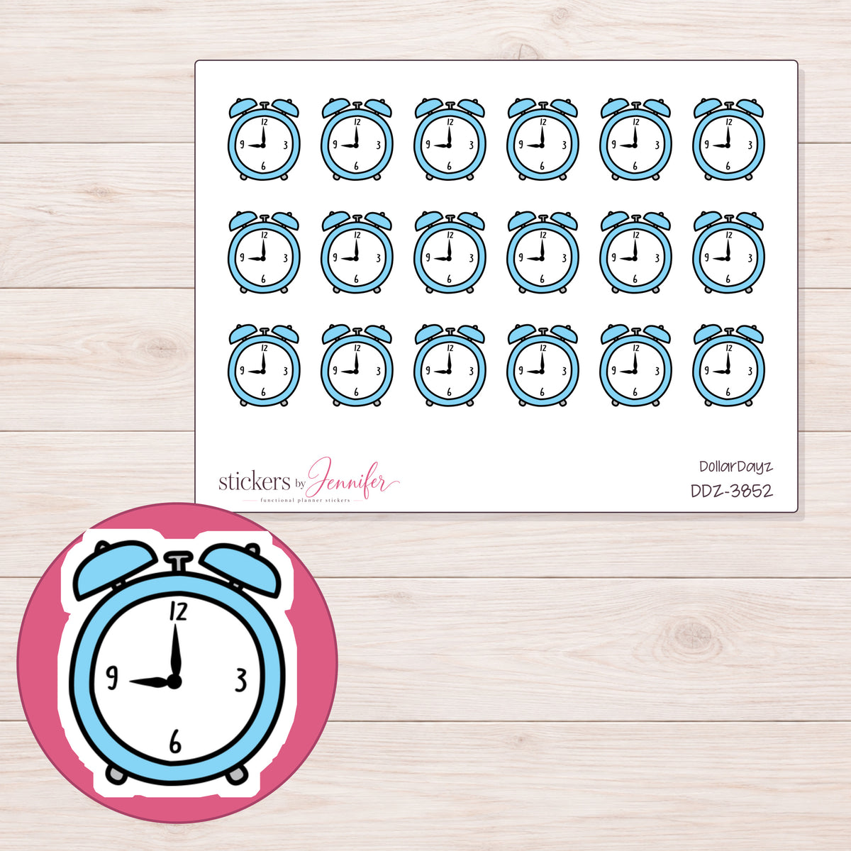 Blue Alarm Clock Planner Stickers | DDZ-3852 — 4 × 3 inch sheet and enlarged sticker detail