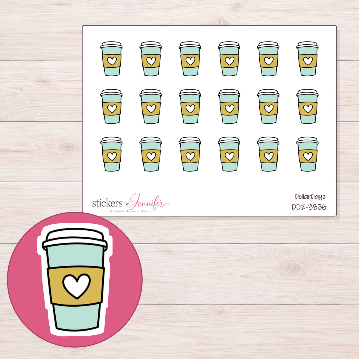 Mint and Yellow Heart Coffee Cup Planner Stickers | DDZ-3856 — 4 × 3 inch sheet and enlarged sticker detail