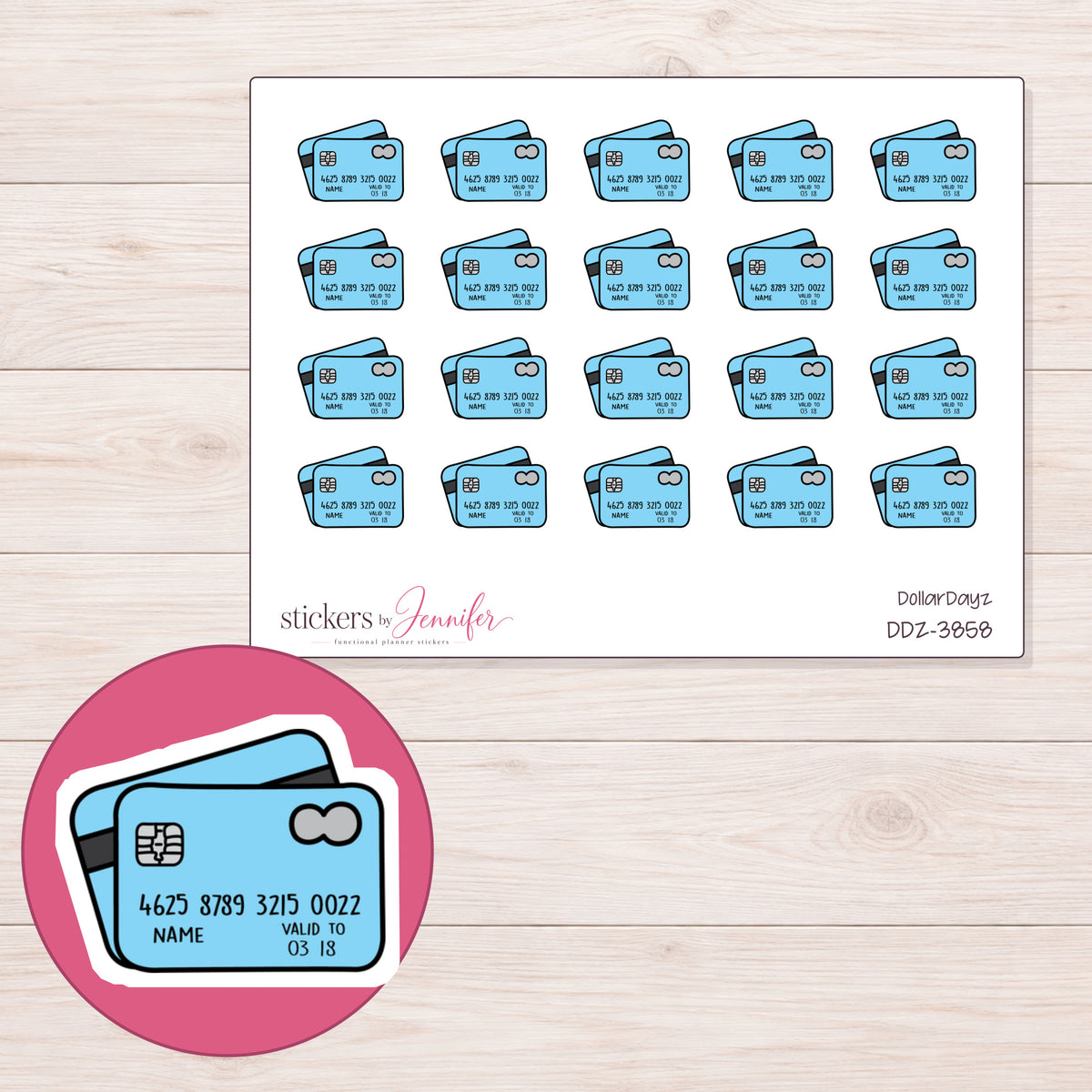 Blue Credit Cards Planner Stickers | DDZ-3858 — 4 × 3 inch sheet and enlarged sticker detail