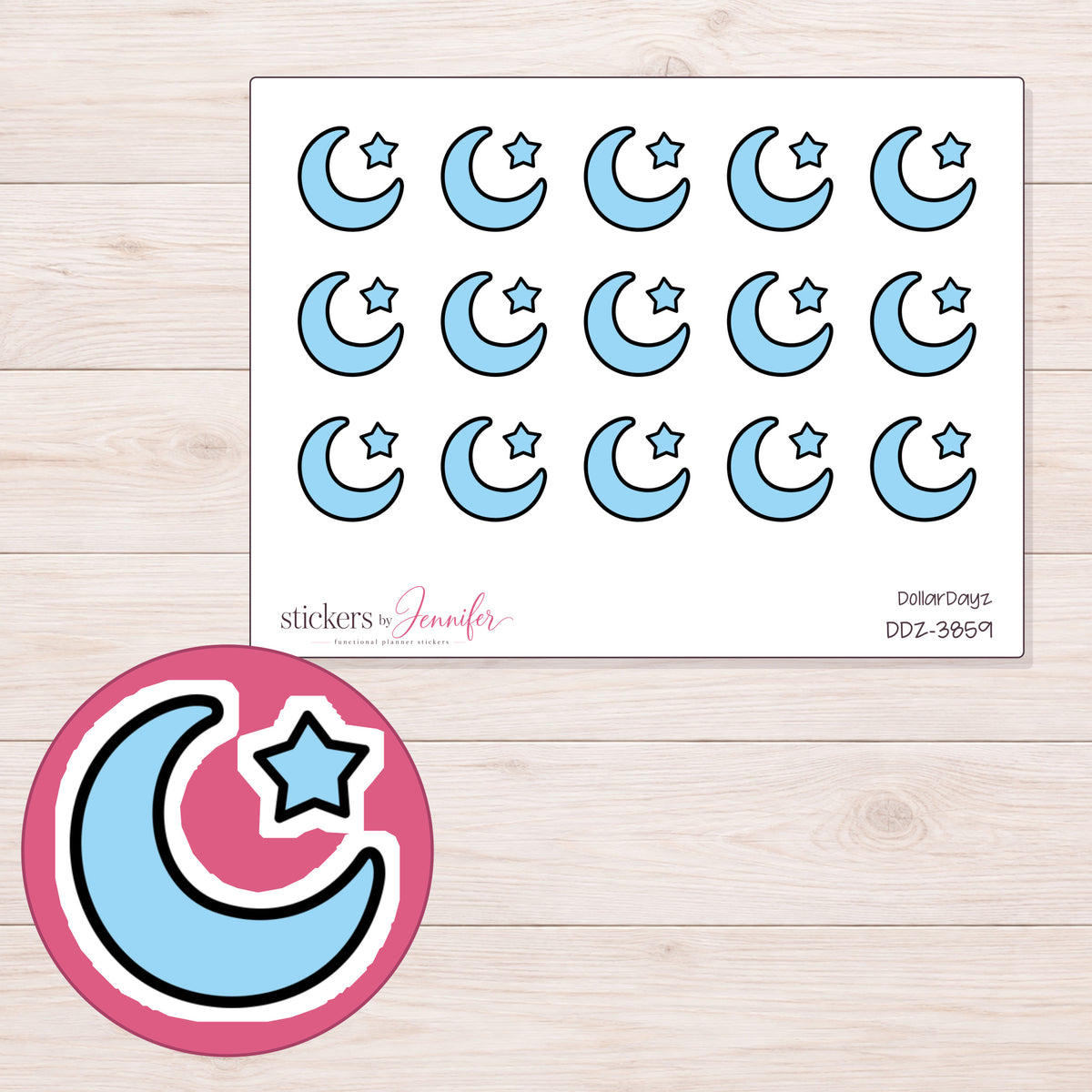 Blue Crescent Moon and Star Planner Stickers | DDZ-3859 — 4 × 3 inch sheet and enlarged sticker detail