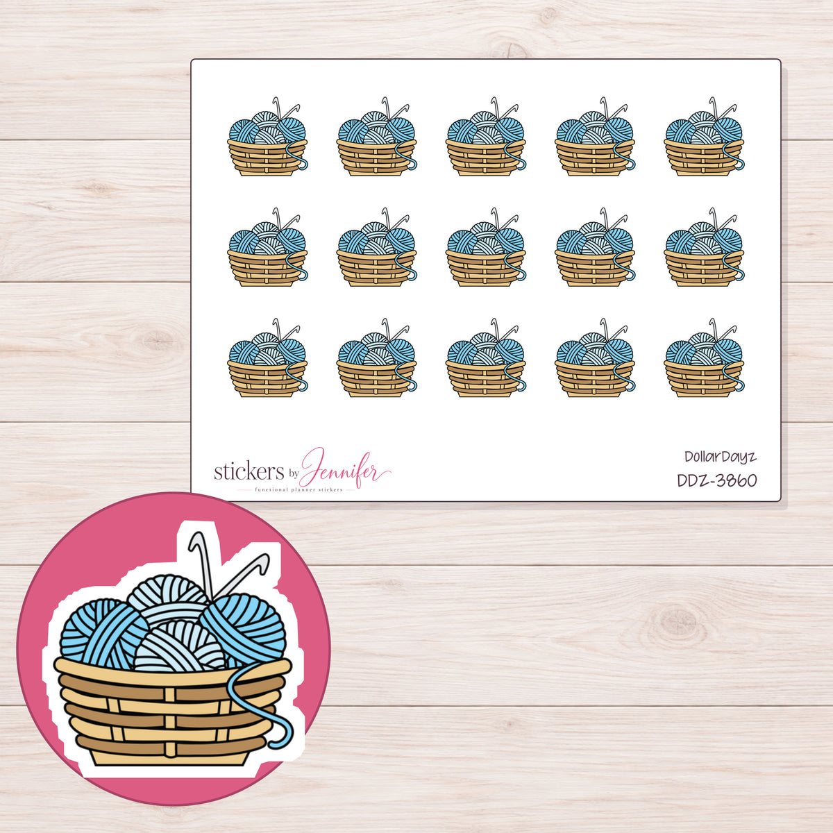Blue Crochet Yarn Basket Planner Stickers | DDZ-3860 — 4 × 3 inch sheet and enlarged sticker detail