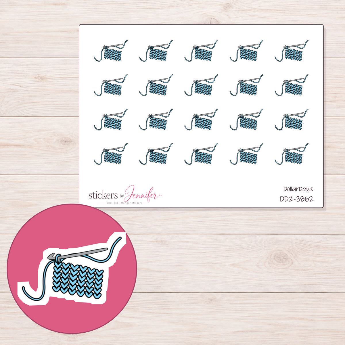 Blue Crochet Work in Progress Planner Stickers | DDZ-3862 — 4 × 3 inch sheet and enlarged sticker detail