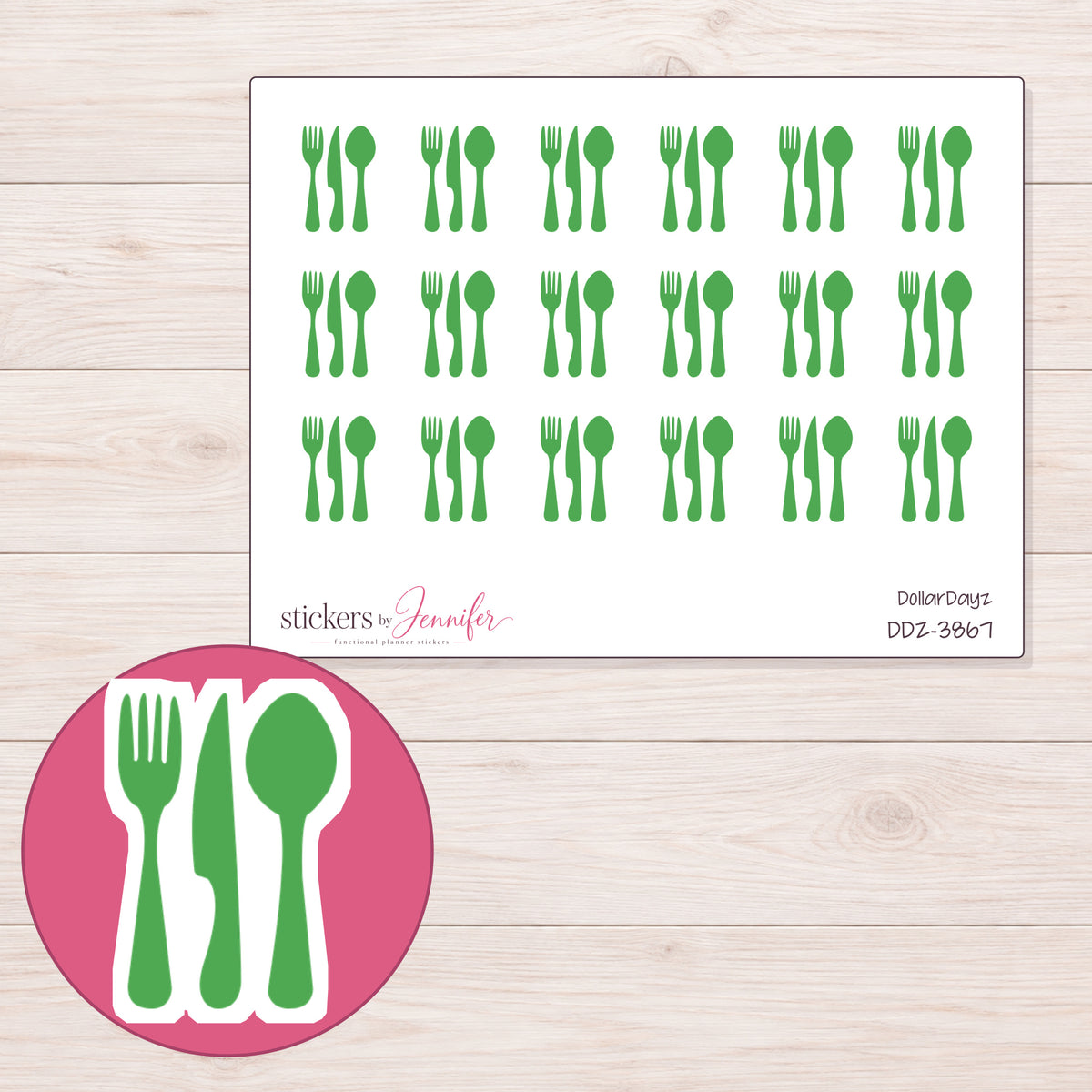 Green Fork and Spoon Planner Stickers | DDZ-3867 — 4 × 3 inch sheet and enlarged sticker detail
