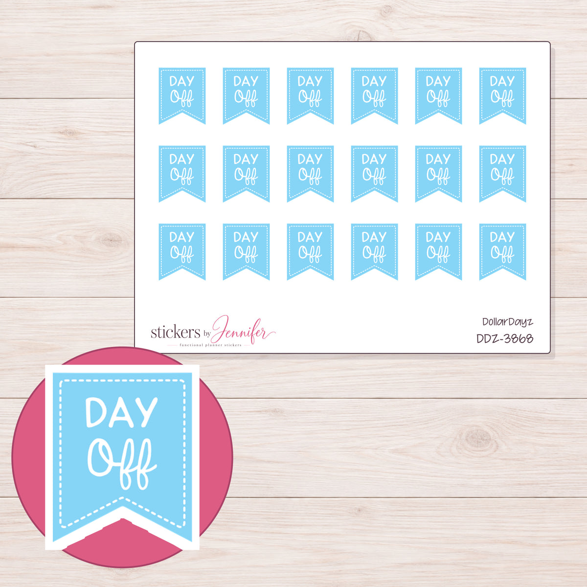 Blue Day Off Flag Planner Stickers | DDZ-3868 — 4 × 3 inch sheet and enlarged sticker detail