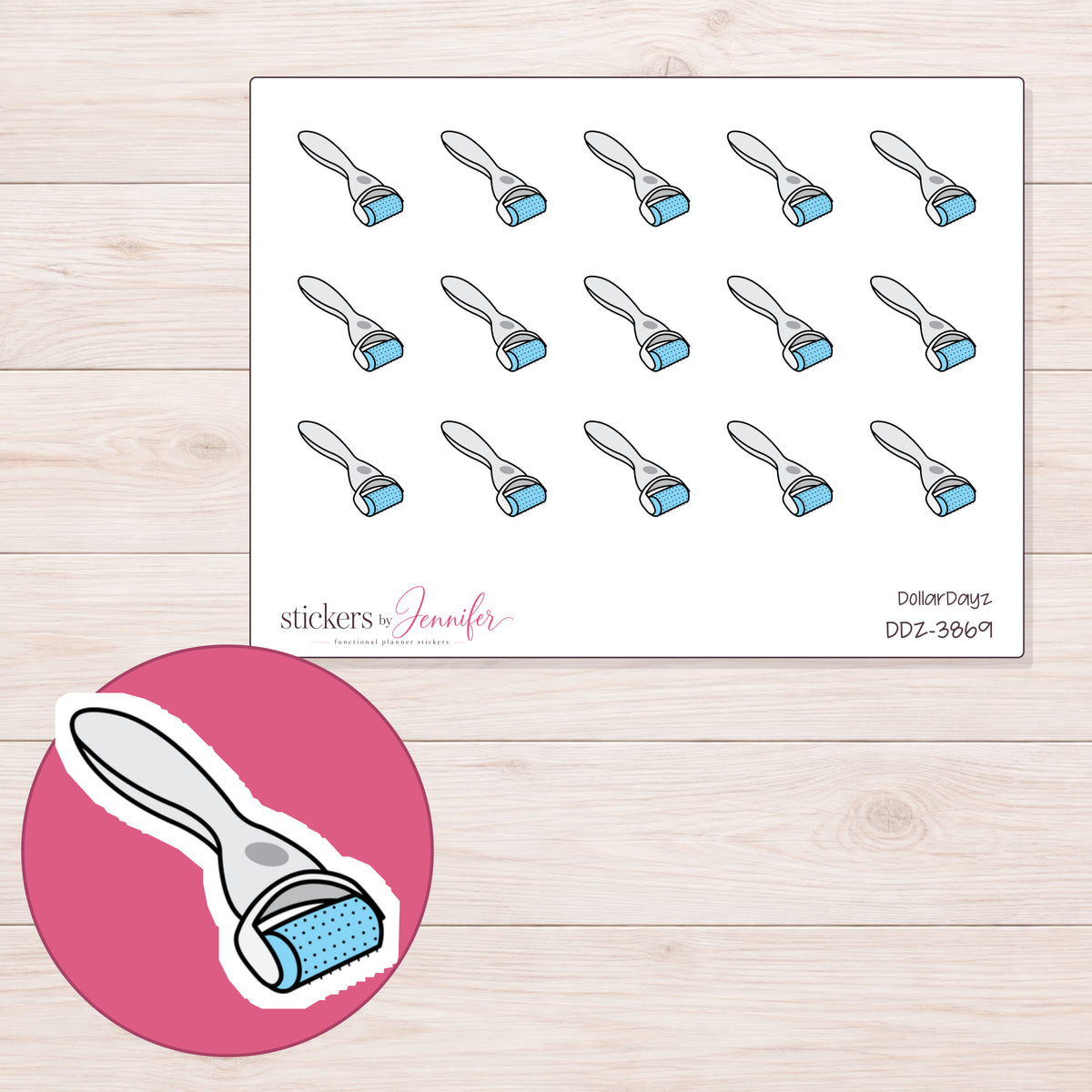 Blue Skin Roller Planner Stickers | DDZ-3869 — 4 × 3 inch sheet and enlarged sticker detail