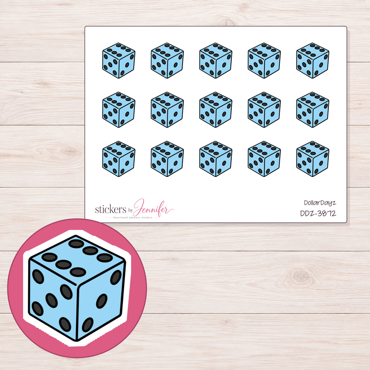 Blue Dice Planner Stickers | DDZ-3872 — 4 × 3 inch sheet and enlarged sticker detail