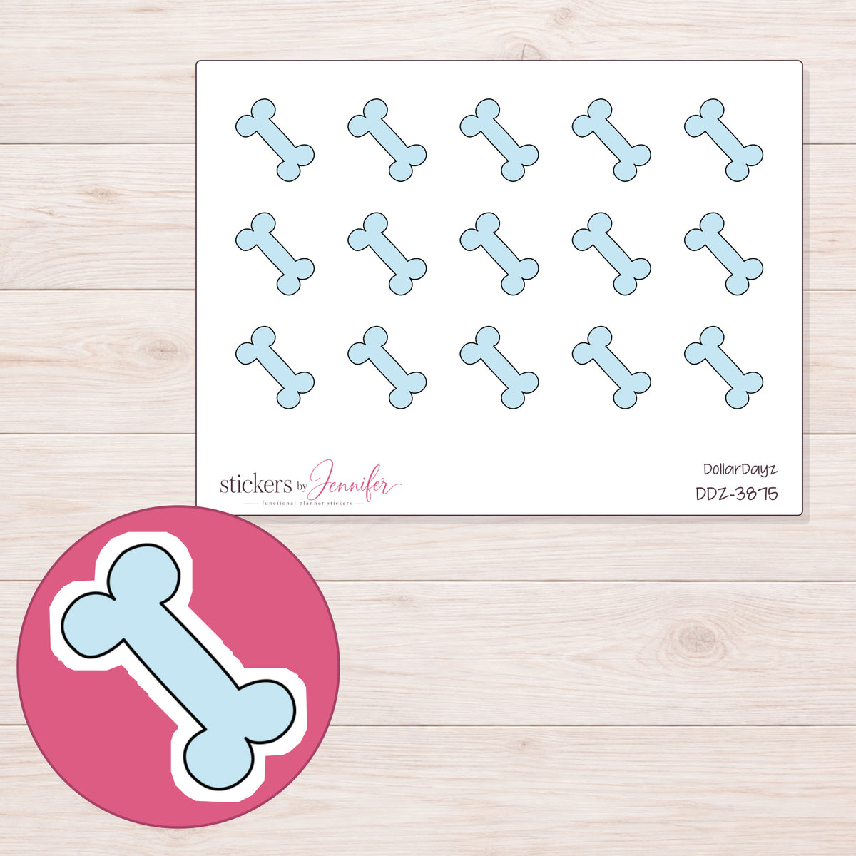 Pale Blue Dog Bone Planner Stickers | DDZ-3875 — 4 × 3 inch sheet and enlarged sticker detail
