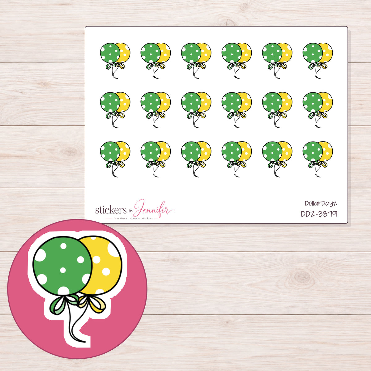 Green and Yellow Polka Dot Balloons Planner Stickers | DDZ-3879 — 4 × 3 inch sheet and enlarged sticker detail