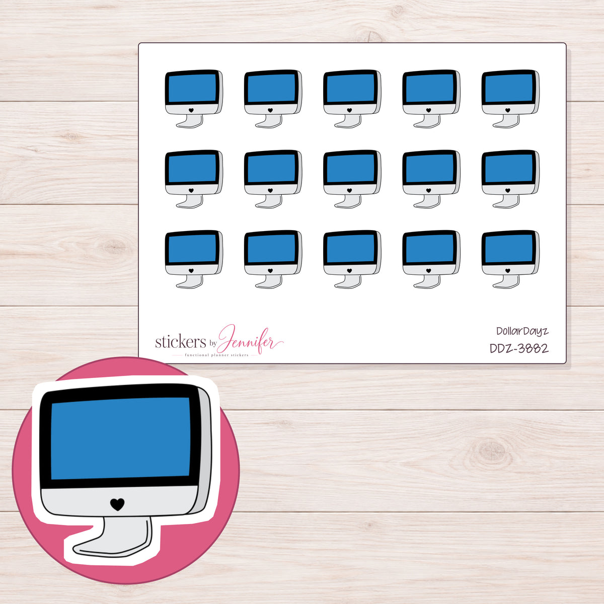 Blue Doodle Desktop Computer Planner Stickers | DDZ-3882 — 4 × 3 inch sheet and enlarged sticker detail