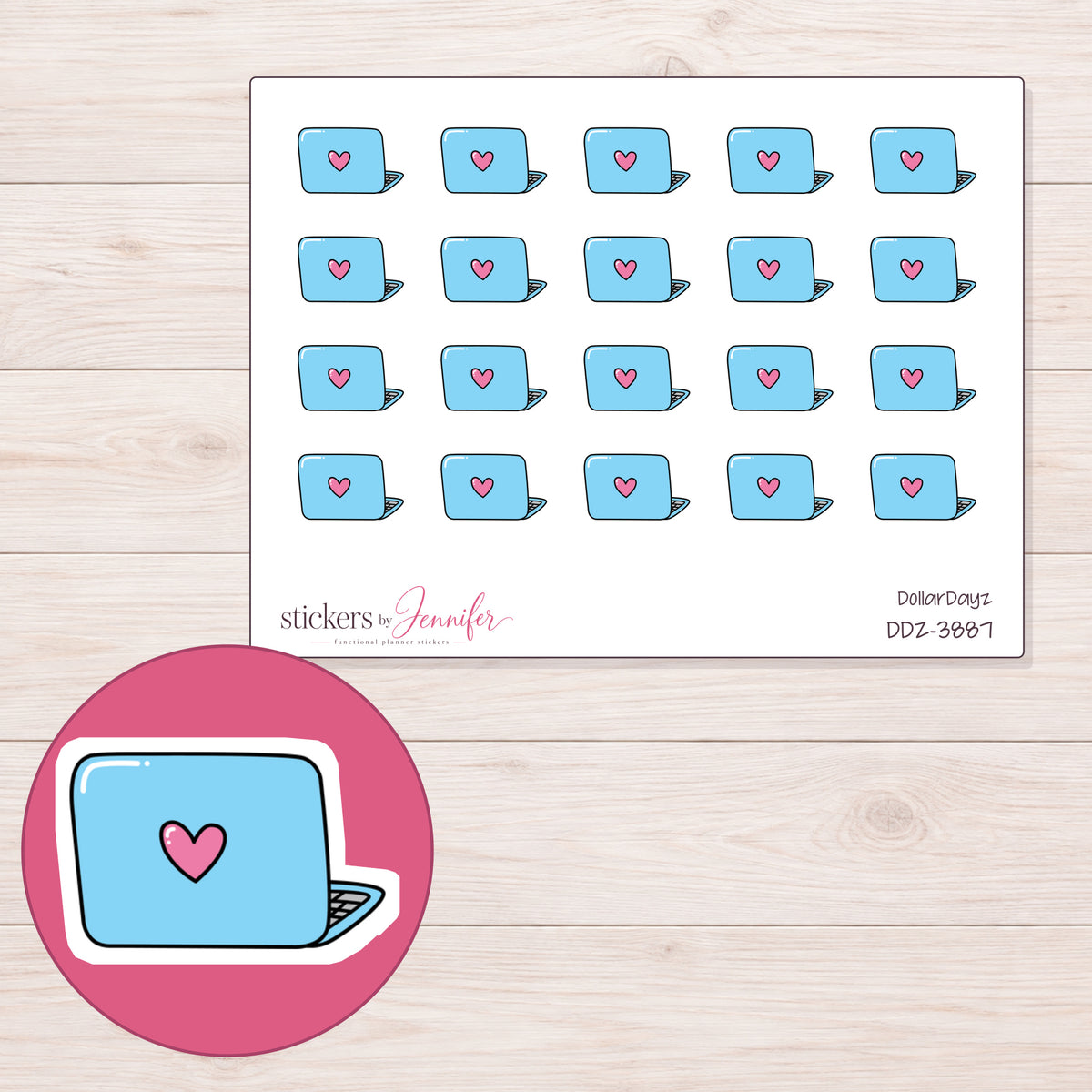Blue Doodle Heart Laptop Planner Stickers | DDZ-3887 — 4 × 3 inch sheet and enlarged sticker detail