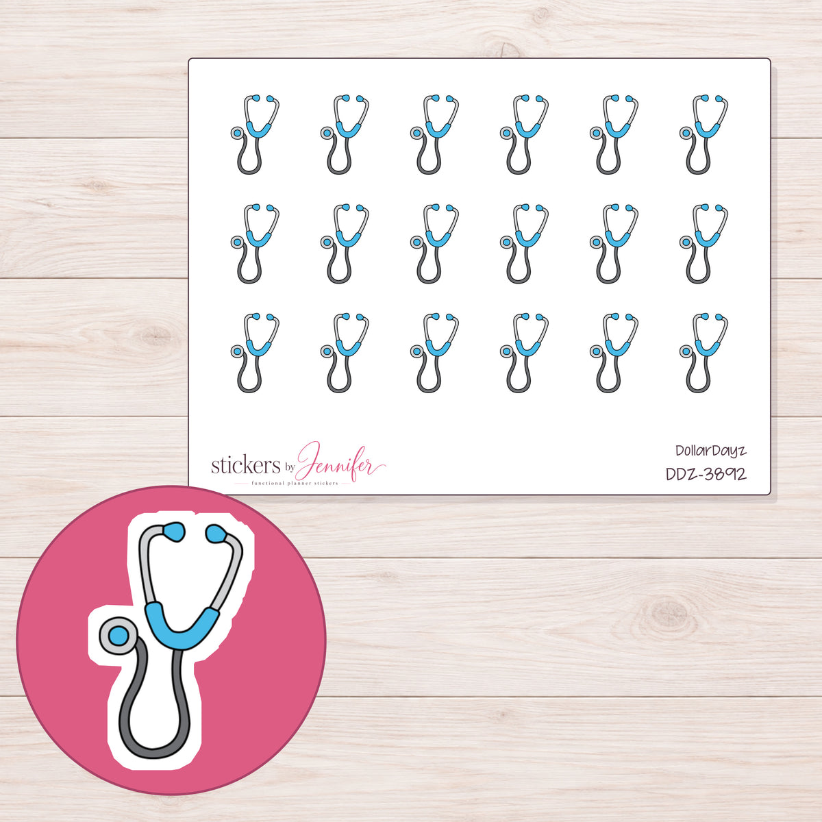 Blue Stethoscope Planner Stickers | DDZ-3892 — 4 × 3 inch sheet and enlarged sticker detail