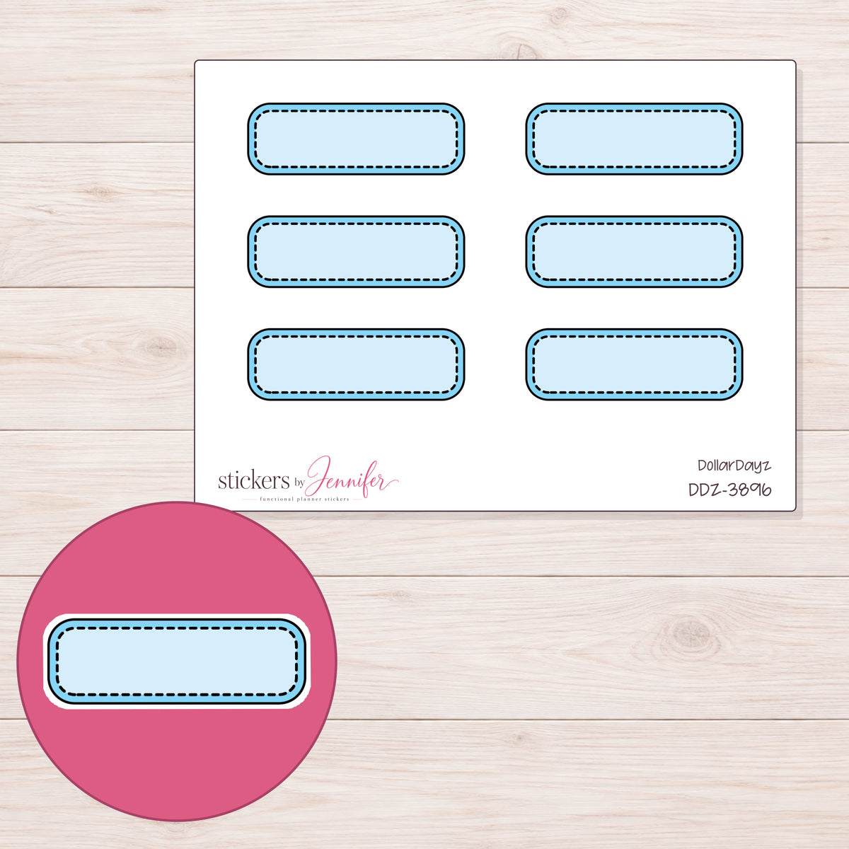 Blue Stitched Quarter Box Label Planner Stickers | DDZ-3896 — 4 × 3 inch sheet and enlarged sticker detail