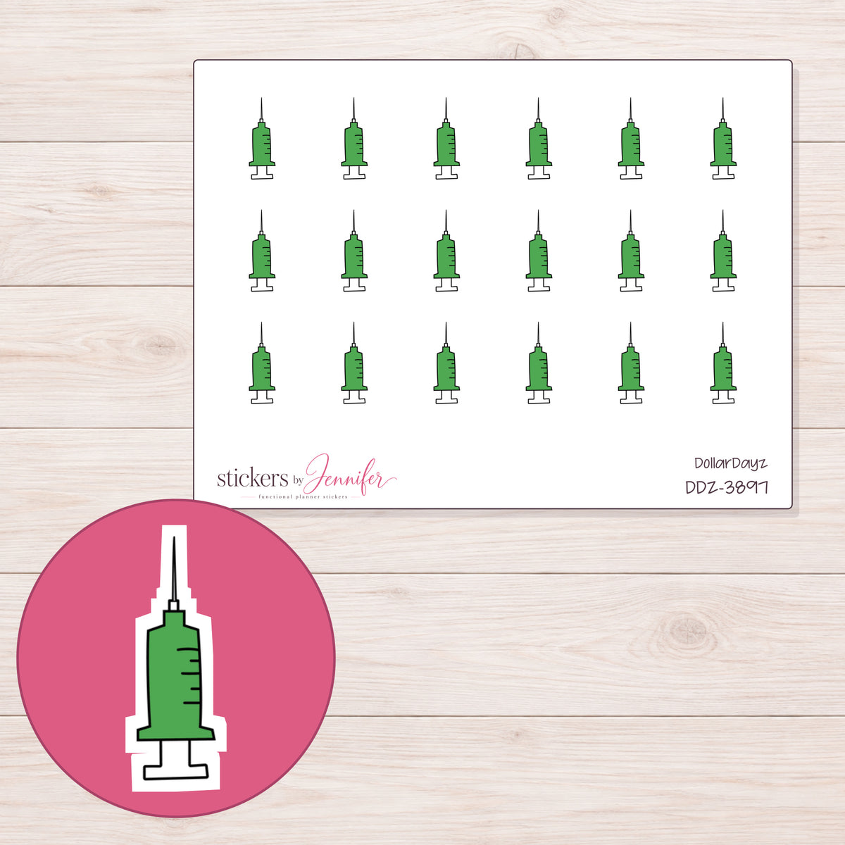 Green Syringe Planner Stickers | DDZ-3897 — 4 × 3 inch sheet and enlarged sticker detail