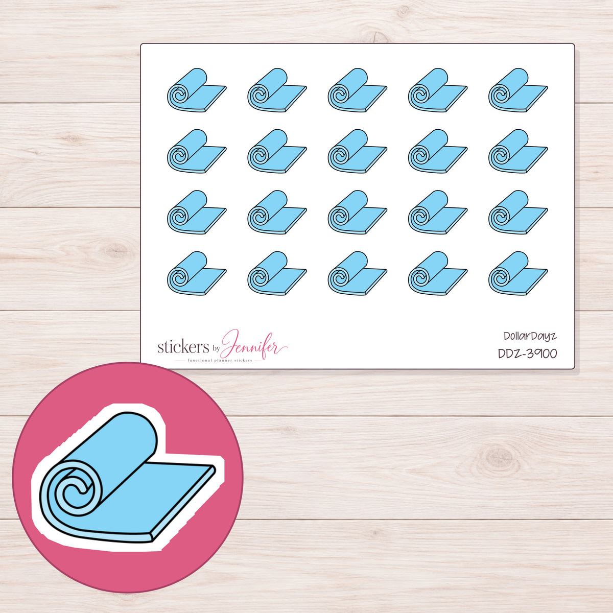 Blue Rolled Yoga Mat Planner Stickers | DDZ-3900 — 4 × 3 inch sheet and enlarged sticker detail