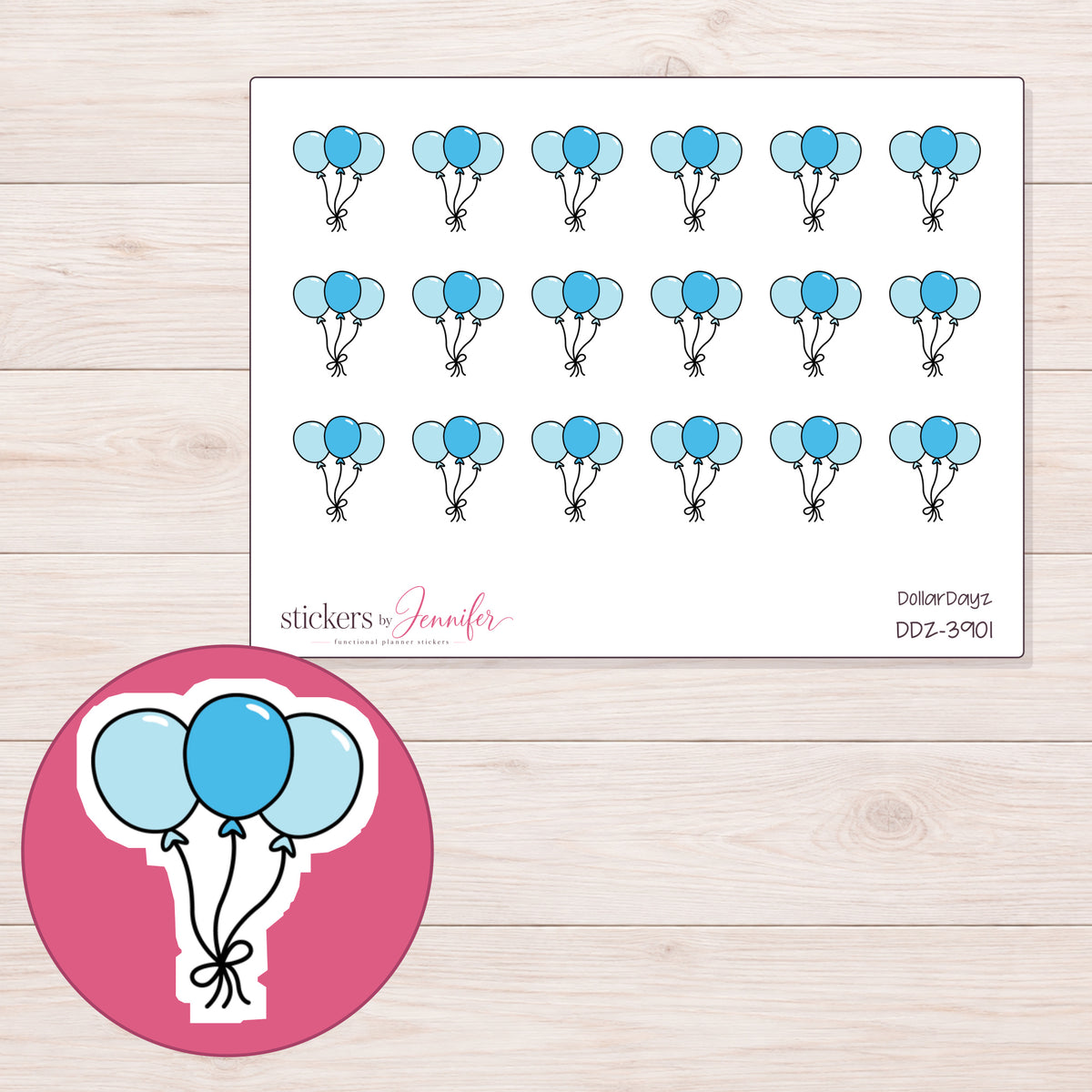 Three Blue Balloons Planner Stickers | DDZ-3901 — 4 × 3 inch sheet and enlarged sticker detail