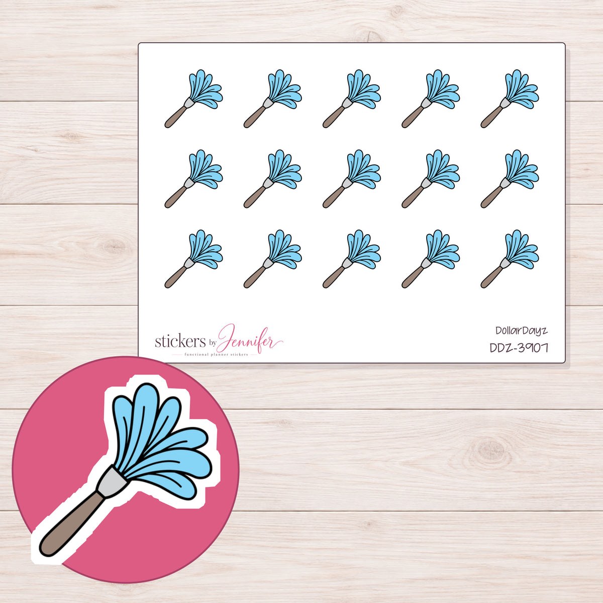 Blue Feather Duster Planner Stickers | DDZ-3907 — 4 × 3 inch sheet and enlarged sticker detail