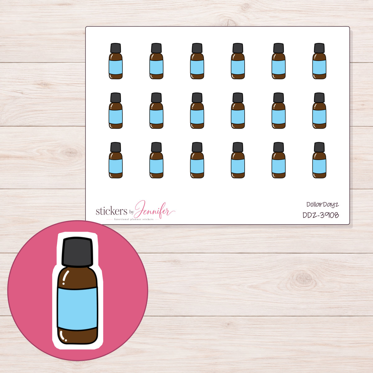 Blue Label Essential Oil Bottle Planner Stickers | DDZ-3908 — 4 × 3 inch sheet and enlarged sticker detail