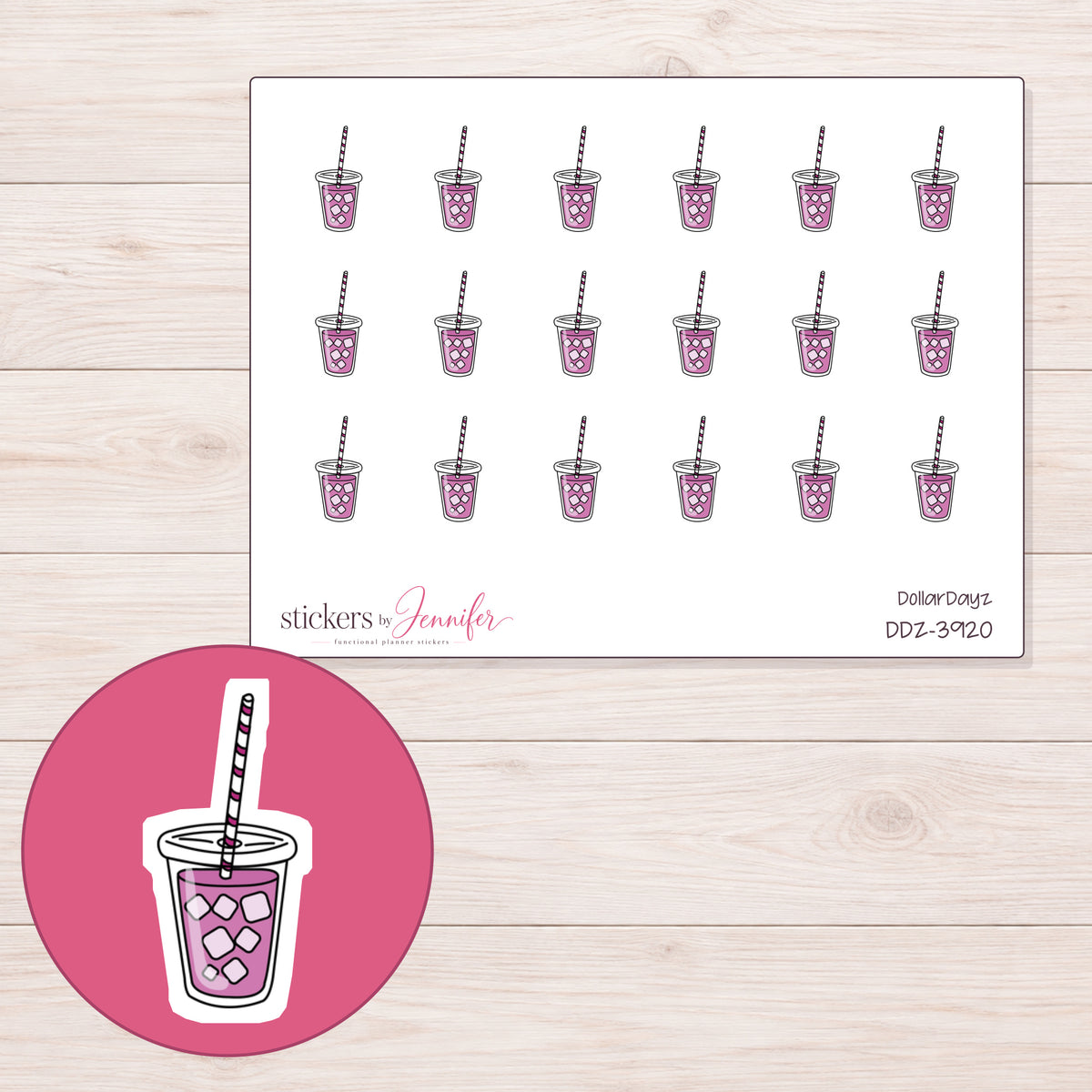Purple Iced Tea Cup Planner Stickers | DDZ-3920 — 4 × 3 inch sheet and enlarged sticker detail