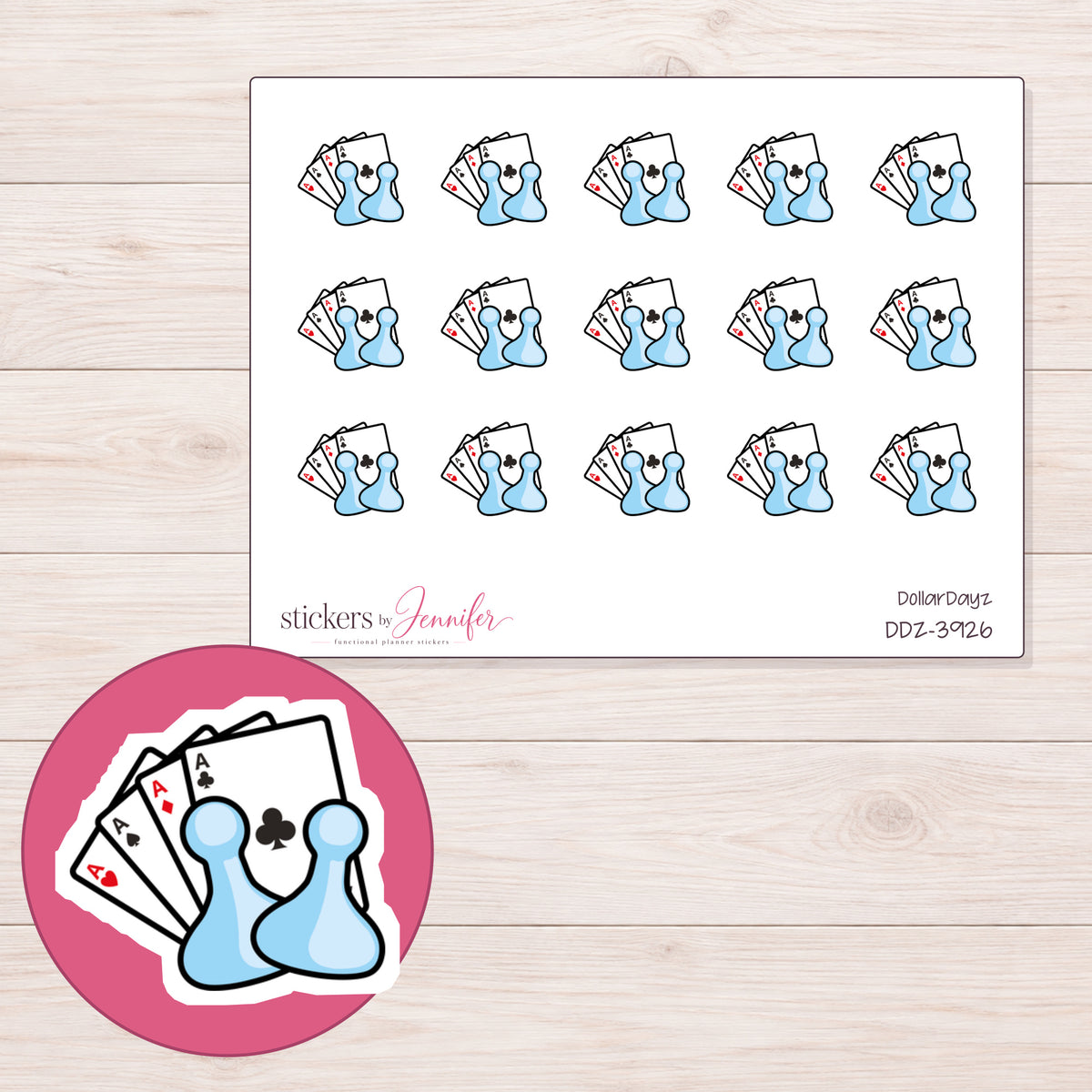 Blue Cards and Pawns Game Night Planner Stickers | DDZ-3926 — 4 × 3 inch sheet and enlarged sticker detail