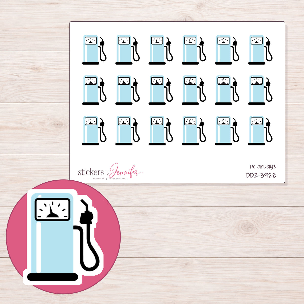 Pale Blue Gas Pump Planner Stickers | DDZ-3928 — 4 × 3 inch sheet and enlarged sticker detail