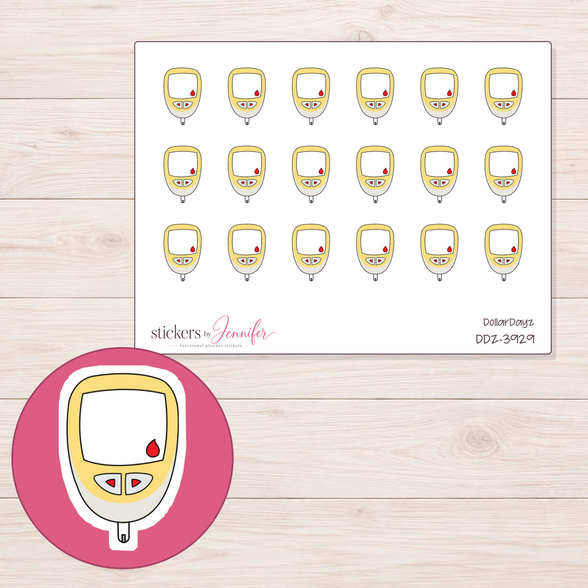Yellow Glucose Meter Planner Stickers | DDZ-3929 — 4 × 3 inch sheet and enlarged sticker detail