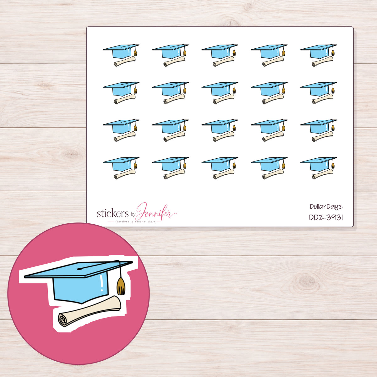 Blue Graduation Cap and Diploma Planner Stickers | DDZ-3931 — 4 × 3 inch sheet and enlarged sticker detail