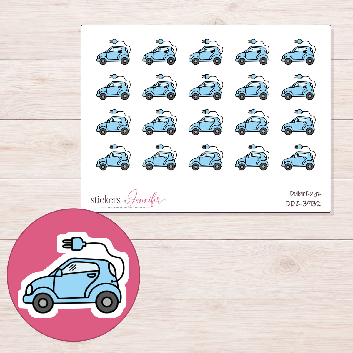 Blue Electric Car Planner Stickers | DDZ-3932 — 4 × 3 inch sheet and enlarged sticker detail