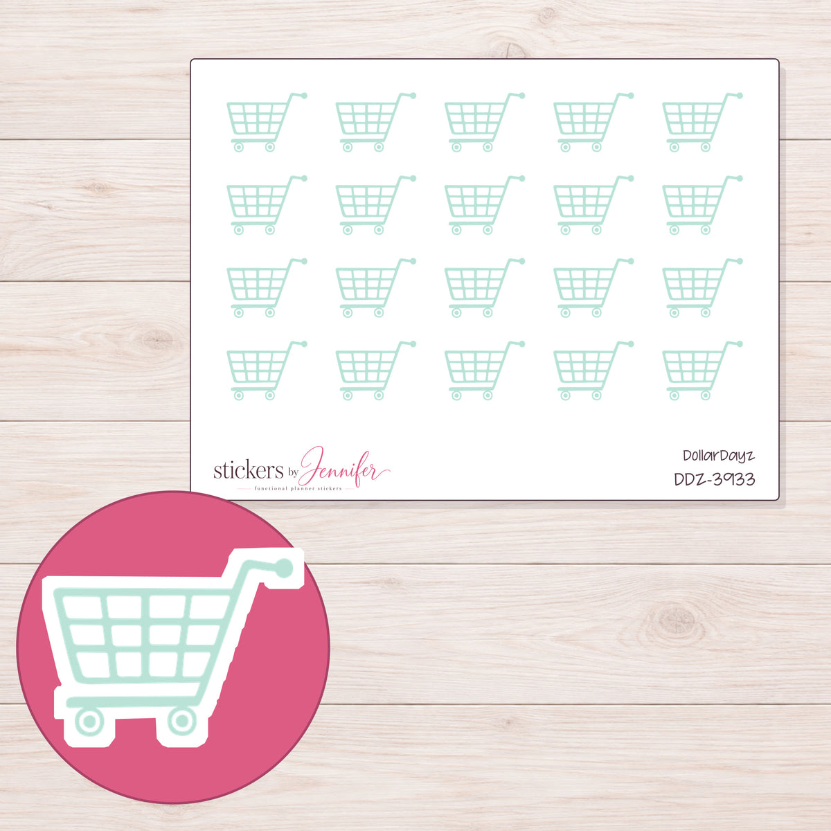 Pale Mint Grocery Cart Planner Stickers | DDZ-3933 — 4 × 3 inch sheet and enlarged sticker detail