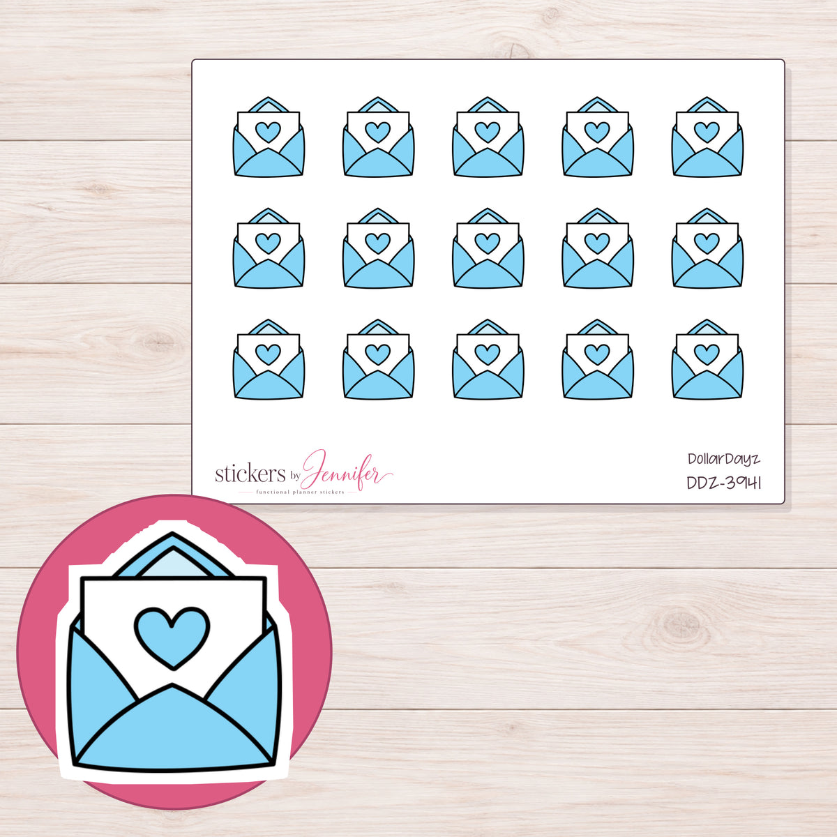 Blue Heart Happy Mail Planner Stickers | DDZ-3941 — 4 × 3 inch sheet and enlarged sticker detail