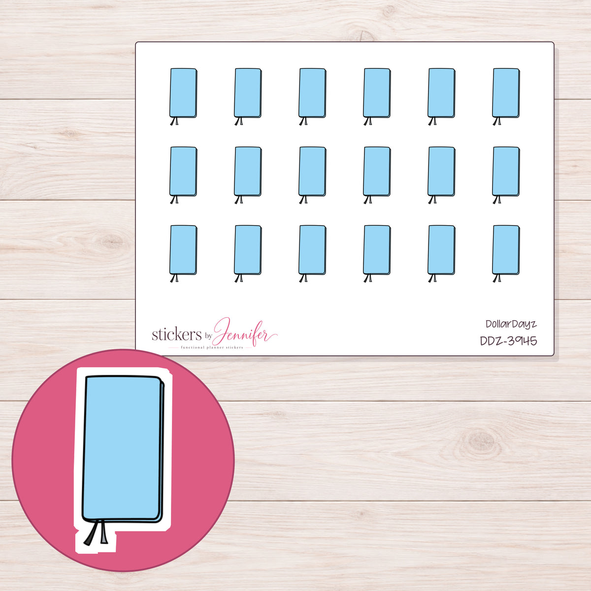 Blue Pocket Planner Stickers | DDZ-3945 — 4 × 3 inch sheet and enlarged sticker detail