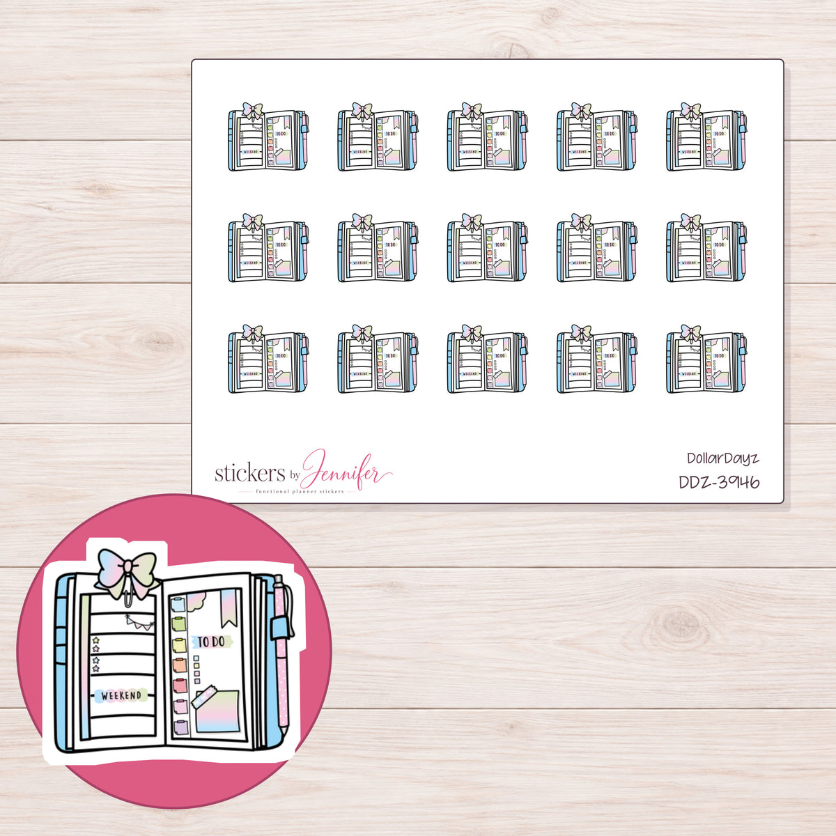 Open Bow Planner Stickers | DDZ-3946 — 4 × 3 inch sheet and enlarged sticker detail