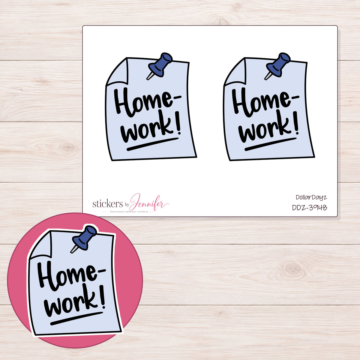 Lavender Homework Reminder Note Planner Stickers | DDZ-3948 — 4 × 3 inch sheet and enlarged sticker detail