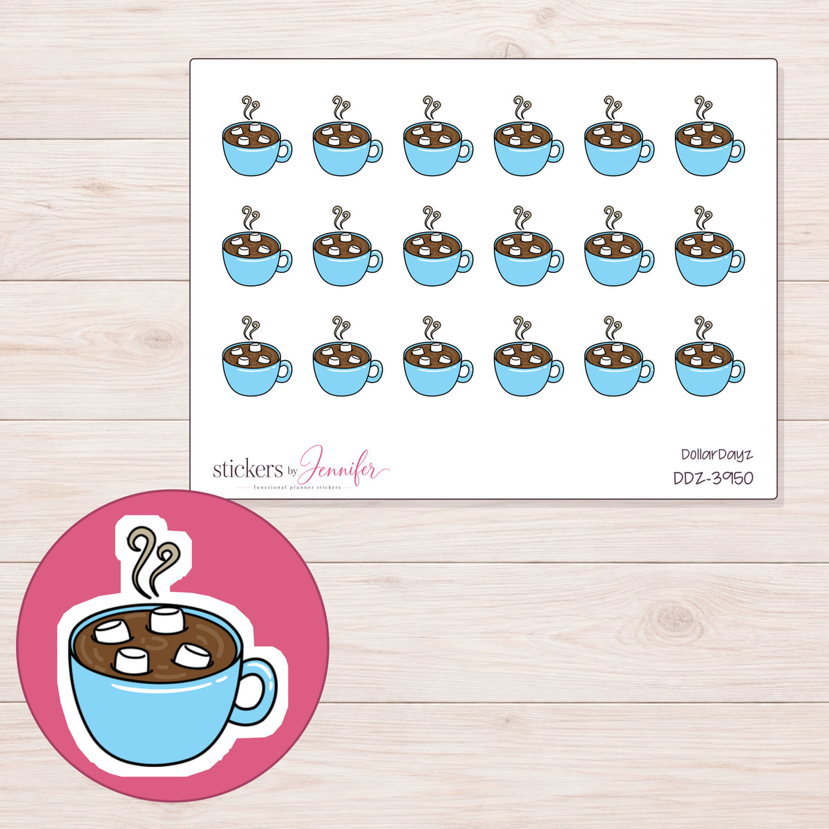 Blue Hot Chocolate Mug Planner Stickers | DDZ-3950 — 4 × 3 inch sheet and enlarged sticker detail
