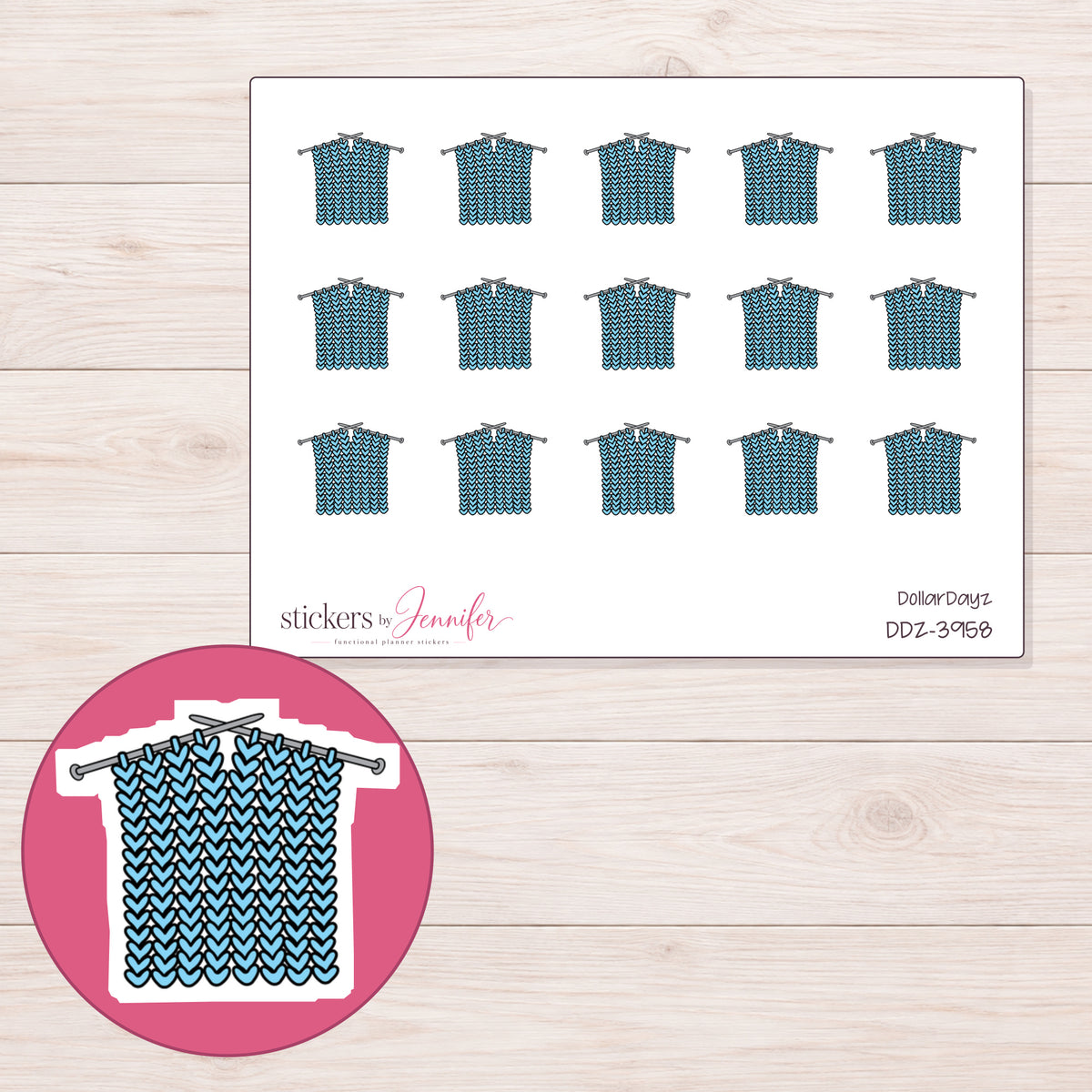 Blue Knitting Project Planner Stickers | DDZ-3958 — 4 × 3 inch sheet and enlarged sticker detail
