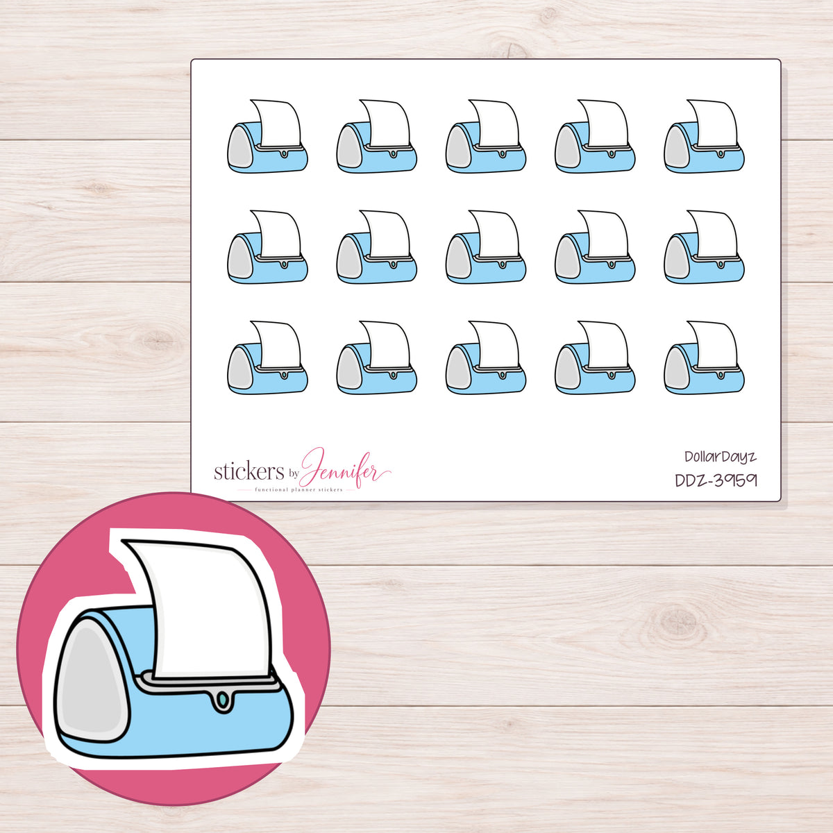 Blue Label Printer Planner Stickers | DDZ-3959 — 4 × 3 inch sheet and enlarged sticker detail