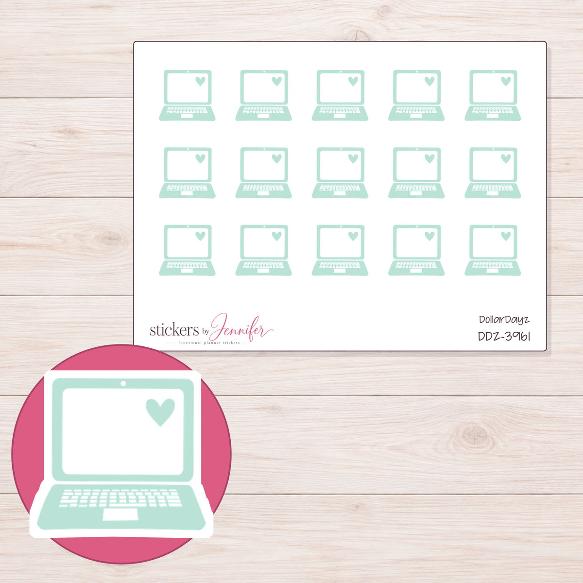 Mint Heart Laptop Planner Stickers | DDZ-3961 — 4 × 3 inch sheet and enlarged sticker detail