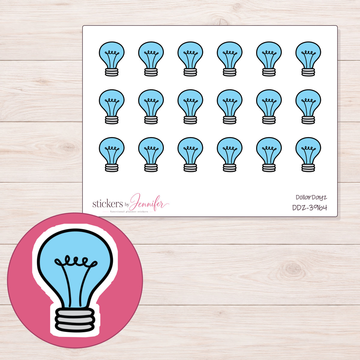 Blue Light Bulb Planner Stickers | DDZ-3964 — 4 × 3 inch sheet and enlarged sticker detail