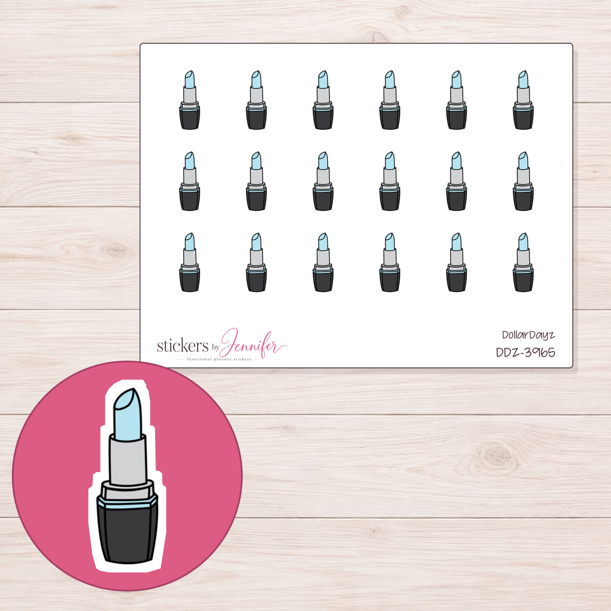 Pale Blue Lipstick Planner Stickers | DDZ-3965 — 4 × 3 inch sheet and enlarged sticker detail