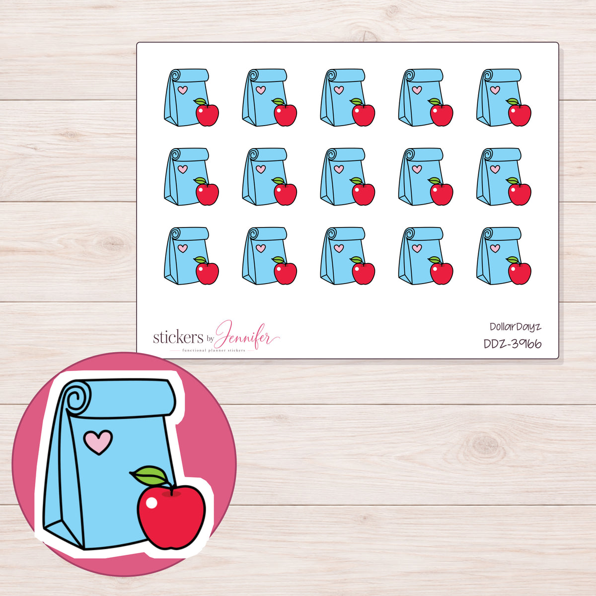 Blue Lunch Bag and Apple Planner Stickers | DDZ-3966 — 4 × 3 inch sheet and enlarged sticker detail