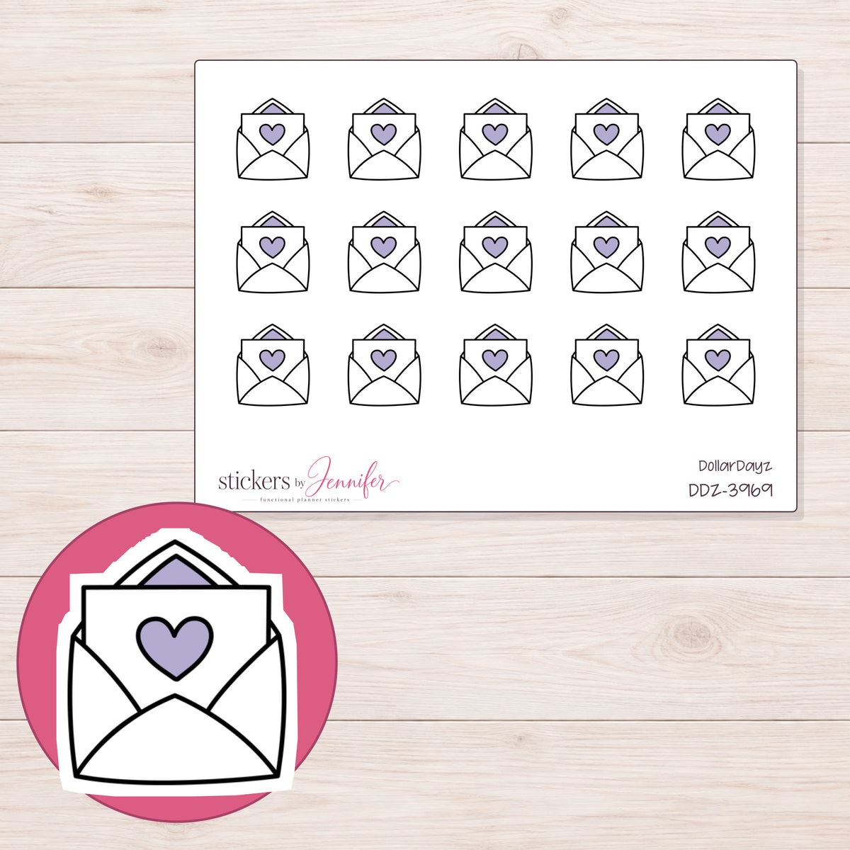 Heart Envelope Planner Stickers | DDZ-3969 — 4 × 3 inch sheet and enlarged sticker detail