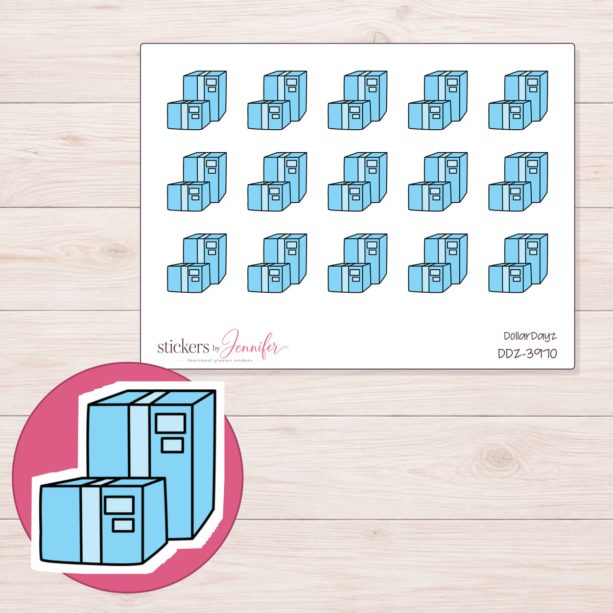 Blue Parcel Boxes Planner Stickers | DDZ-3970 — 4 × 3 inch sheet and enlarged sticker detail