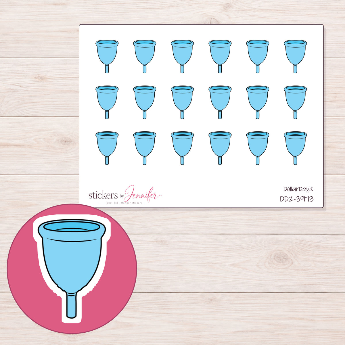 Blue Menstrual Cup Planner Stickers | DDZ-3973 — 4 × 3 inch sheet and enlarged sticker detail