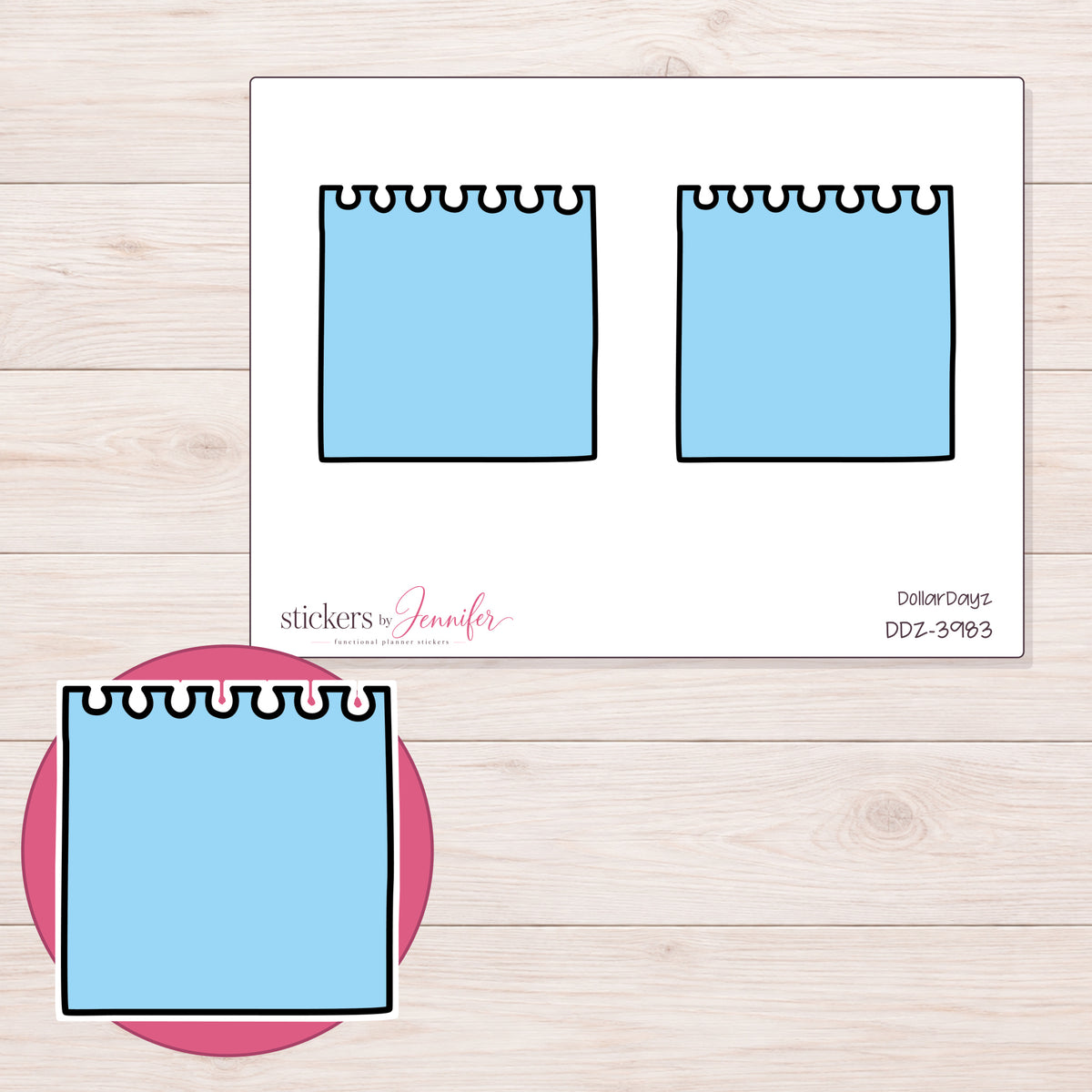 Blue Spiral Notepad Planner Stickers | DDZ-3983 — 4 × 3 inch sheet and enlarged sticker detail