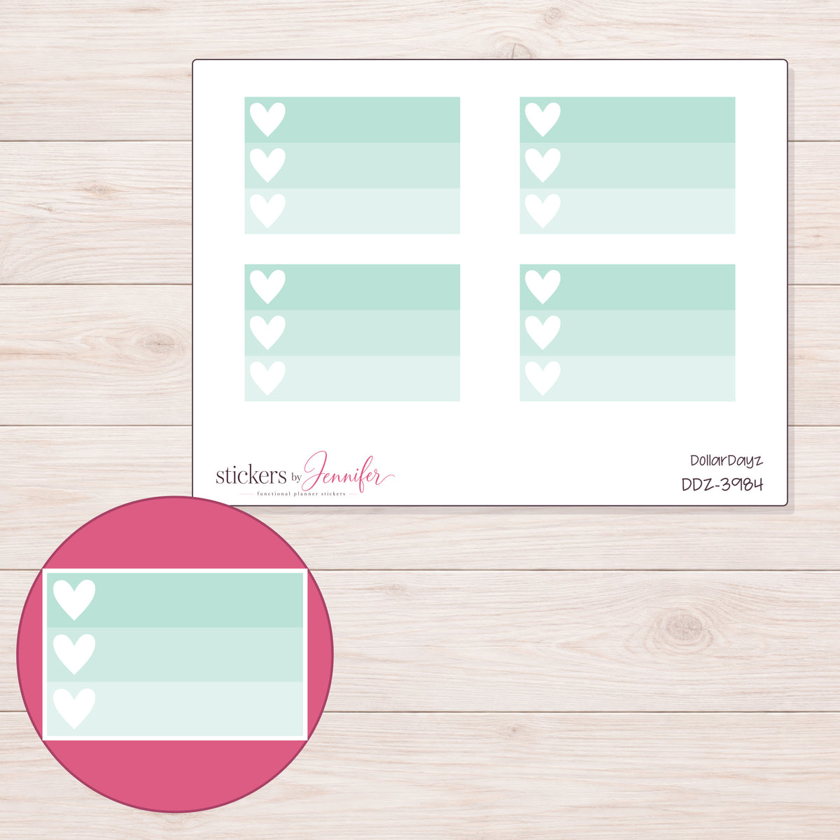 Mint Ombre Heart Checklist Planner Stickers | DDZ-3984 — 4 × 3 inch sheet and enlarged sticker detail