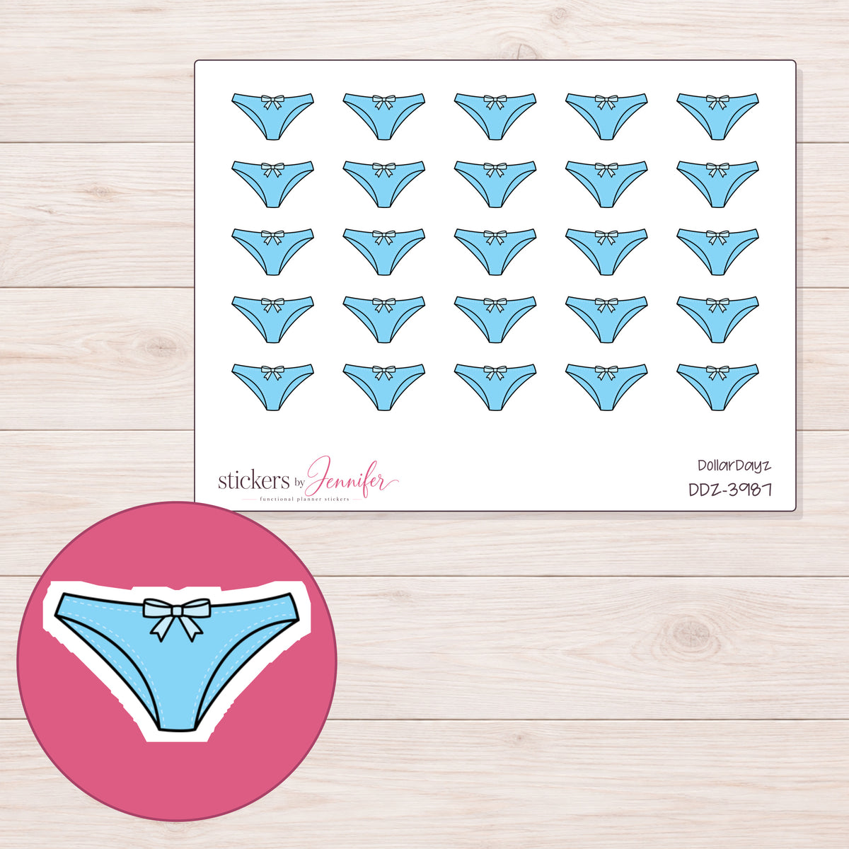 Blue Bow Underwear Planner Stickers | DDZ-3987 — 4 × 3 inch sheet and enlarged sticker detail