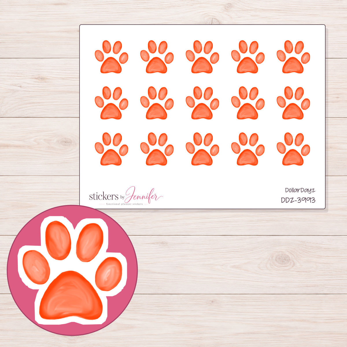 Bright Orange Watercolor Paw Planner Stickers | DDZ-3993 — 4 × 3 inch sheet and enlarged sticker detail